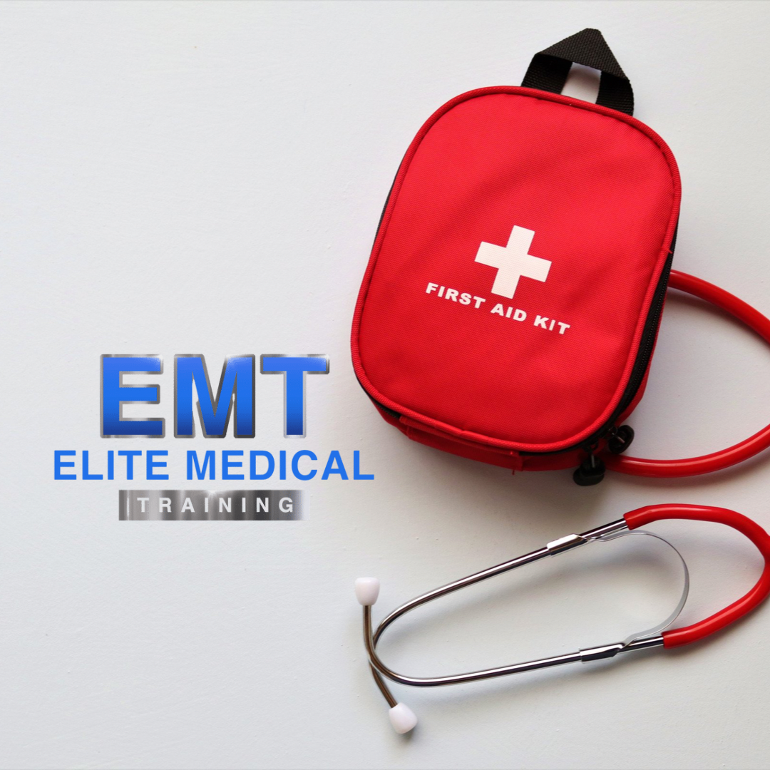 a red first aid kit bag with complete bandages, sanitizing alcohols, cottons, band aids, and a stethoscope